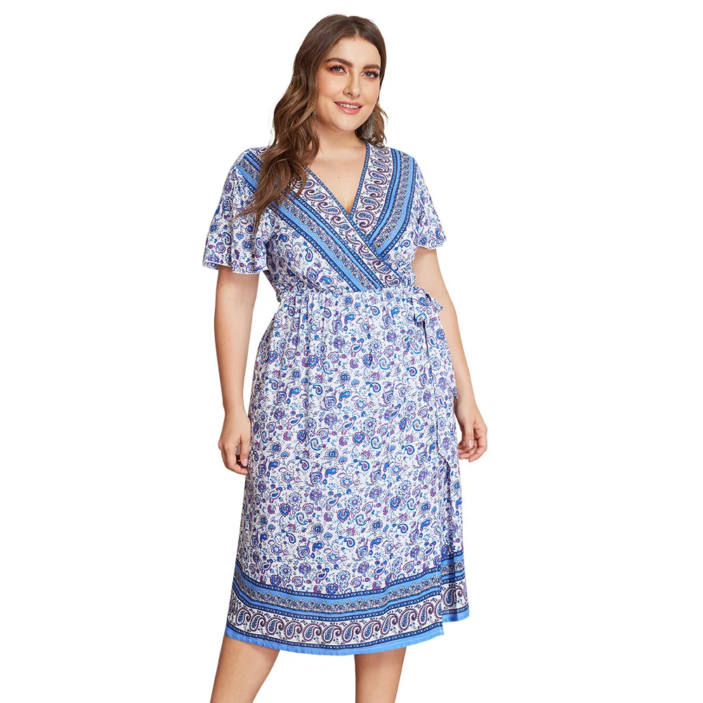 Плюс размер Цветочное платье с принтом женское летнее элегантное коротким