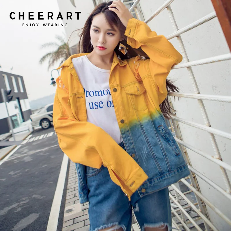 Женская рваная джинсовая куртка Cheerart в стиле Харадзюку свободная из потертого