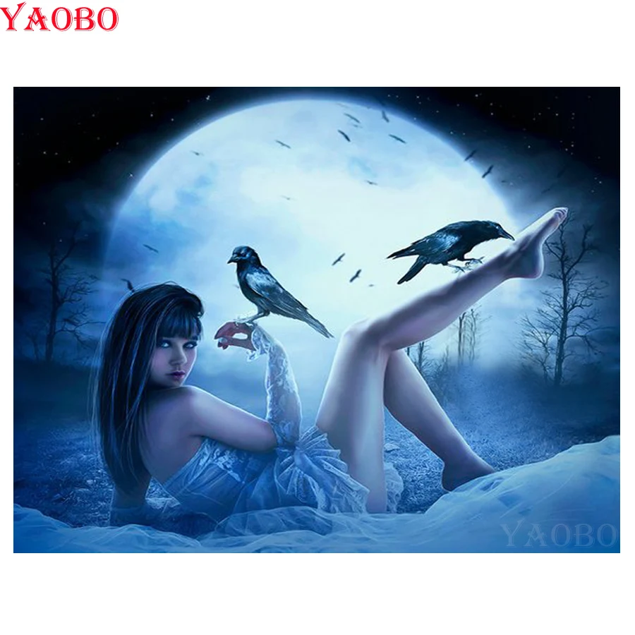 5D Сделай Сам Бриллиантовая вышивка Фэнтези женщина Ворон готическое искусство