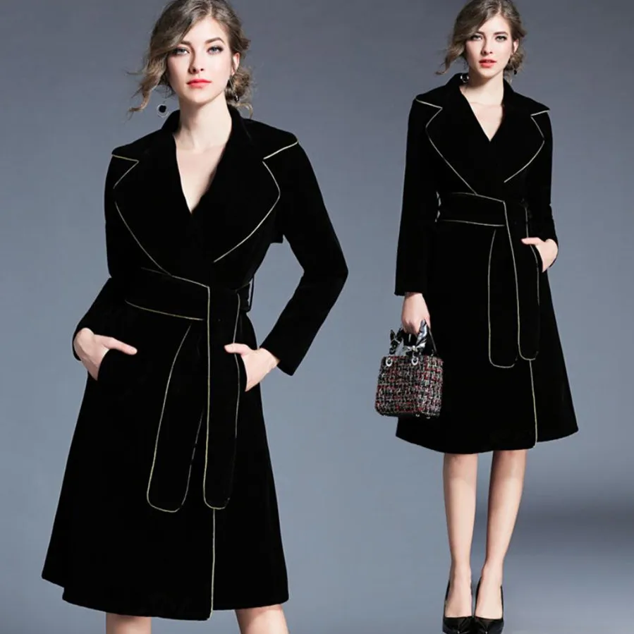 

2019 Long coat women coat Splice Elegance Gold velvet cardigan jackets women's vintage Belt Slim jacket H23