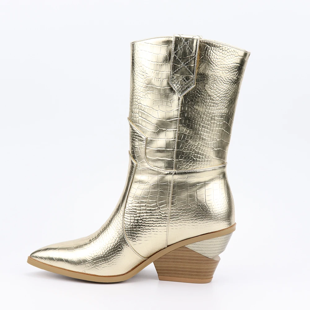 High Quality Brand Gold Winter Plus Size 46 Vintage Square Heels Woman Mid-Calf Boots women's Shoes Western Boots Shoes Women