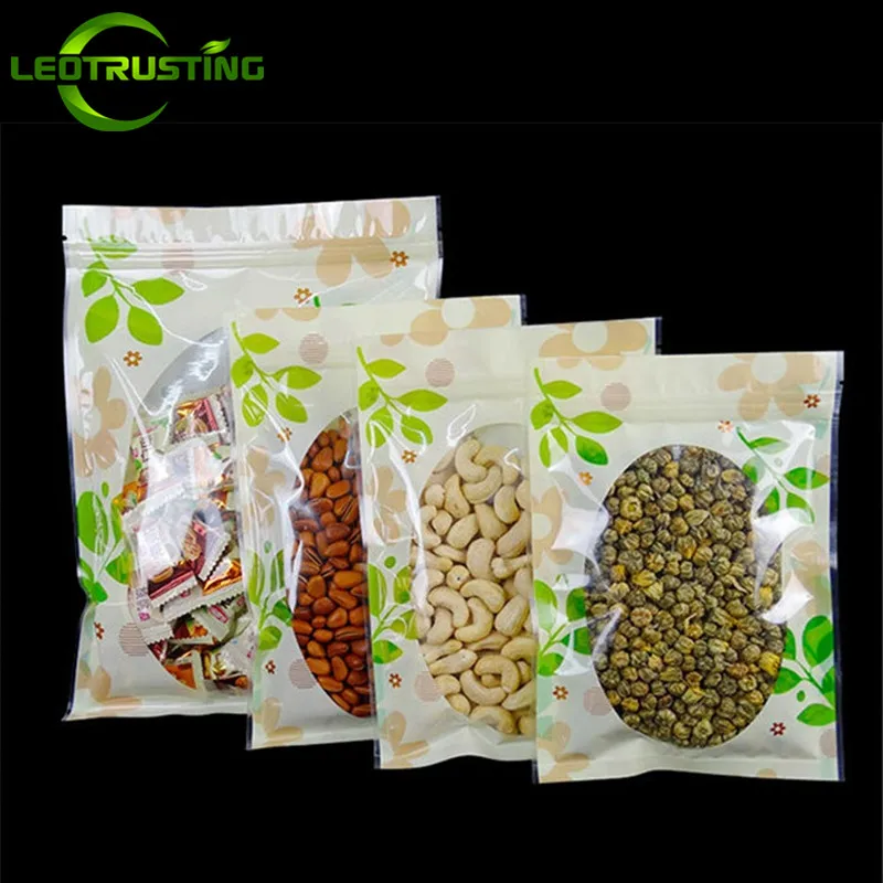 

100pcs Flat Bottom Plastic Zip Lock Packaging Bags Clear Green Window Coffee Snack Cookie Powder Sugar Plastic Gifts Pouches