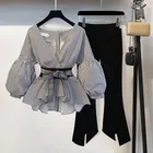 Элегантный офисный комплект одежды из 2 предметов, новинка весны 2019 Пышный рукав бант, блузка в полоску с завязками и расклешенные брюки S-3XL