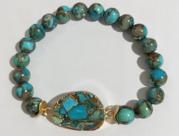 BOROSA 3 шт медные, золотистого цвета натуральная бирюза с 8 мм Beads ISES Бусы Браслеты стильное ювелирное изделие из драгоценных камней в подарок G1720