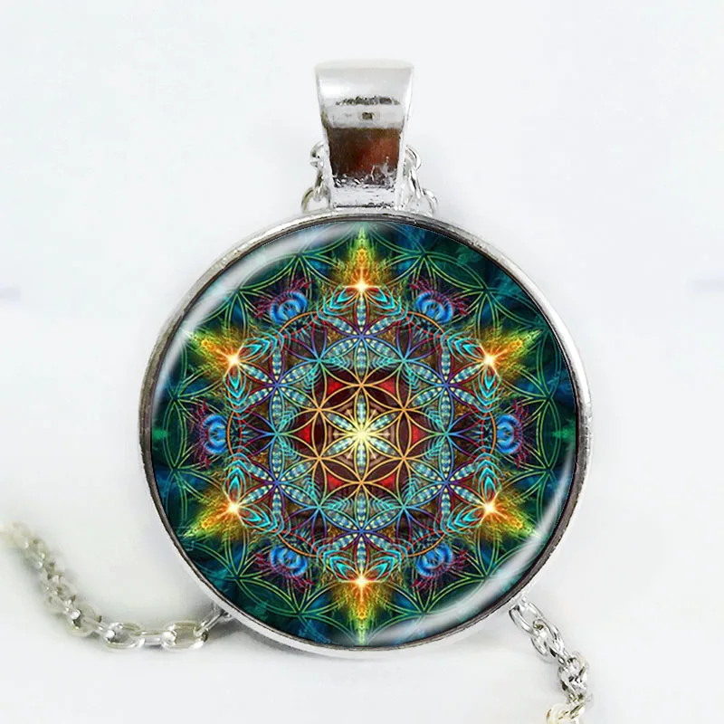 Многоцветное ожерелье серебряного цвета кулон цветок жизни цепочка стеклянный