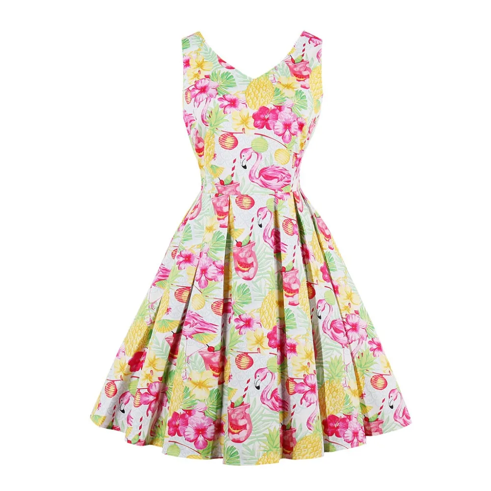 MaxLindy 2018 Vintage Summer Dress Women Crowned Crane Printed V-Neck Dresses Sleeveless Prairie Chic Sweet Girl 1586 | Женская одежда