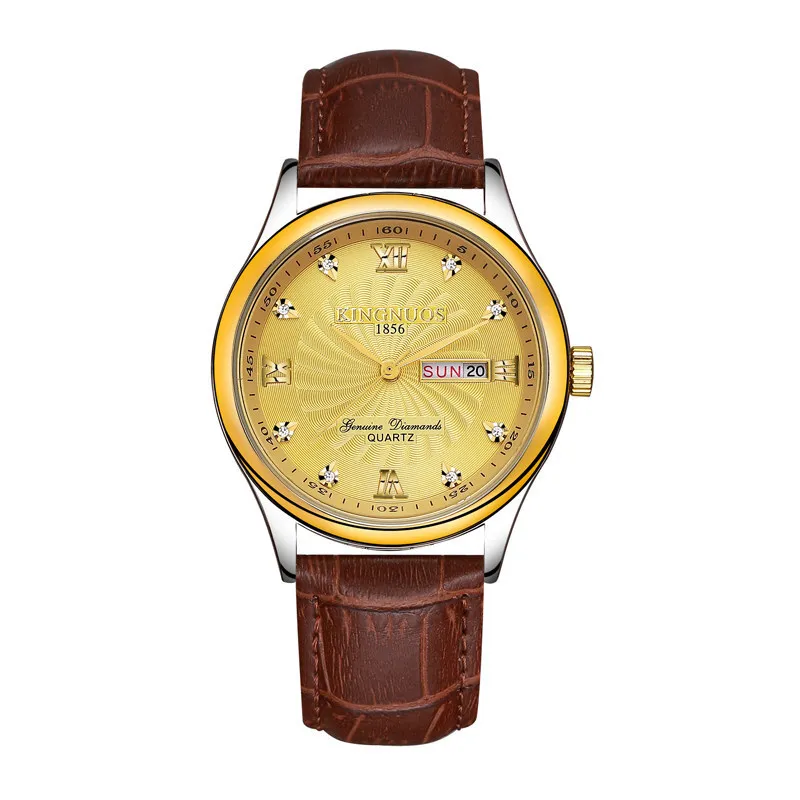 Brown Leather gold Мужские часы от ведущего бренда, роскошные часы из нержавеющей стали, часы с датой недели, водонепроницаемые мужские кварцевые часы, деловые мужские часы с бриллиантами Horloge - Цвет: Brown Leather gold