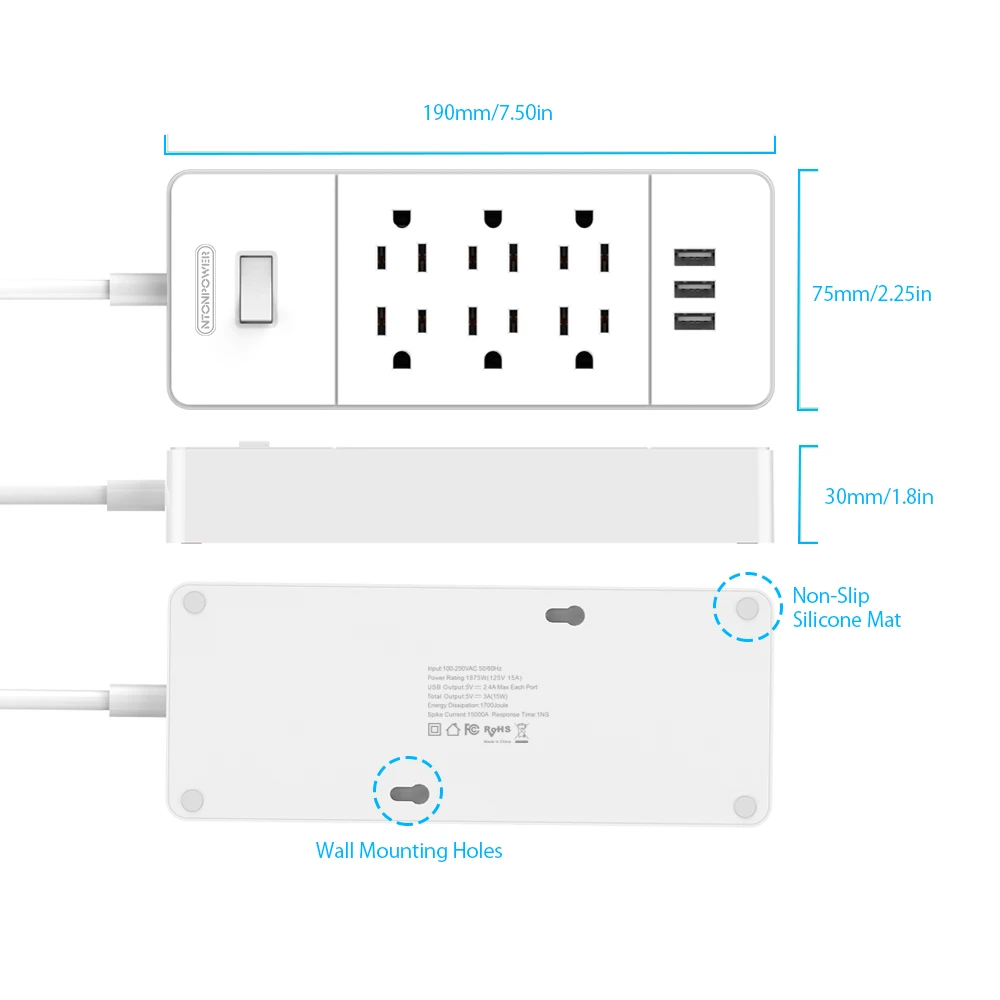 NTON силовая умная силовая лента настенная 6 AC 4 USB зарядная станция Защита от перенапряжения США вилка с 1,5 м Шнур питания для офиса