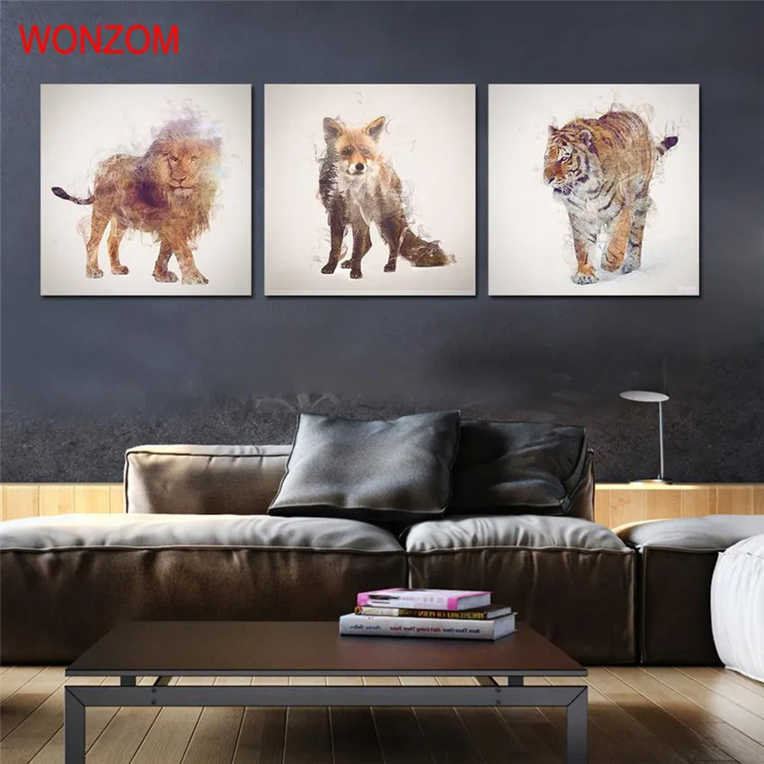 3 шт. в раме с изображением тигра Льва лисы животных холст художественная