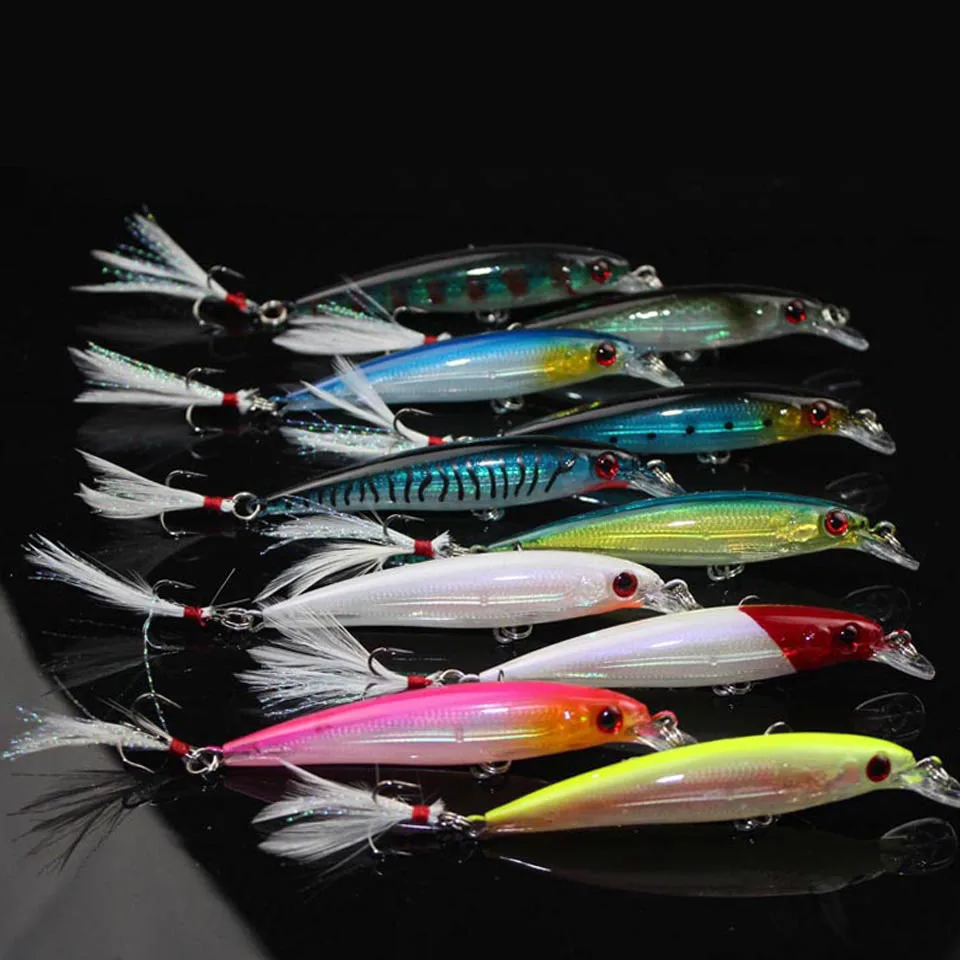 10PCS/lot 9CM/8G Lure Kit fish tackle artificial hard bait plastic lures swimbait wobbler feather Minnow Fishing lure | Спорт и