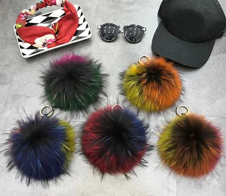 multicolor Роскошный большой 15 см многоцветный пушистый Настоящий Лисий Мех Шар помпон из натурального меха брелок металлическое кольцо сумка с подвесками Шарм для женщин - Цвет: multicolor