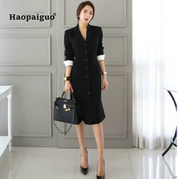women solid pencil dress 201 autumn black full sleeve notched knee length korean vintage work dress suit office ladies dresses