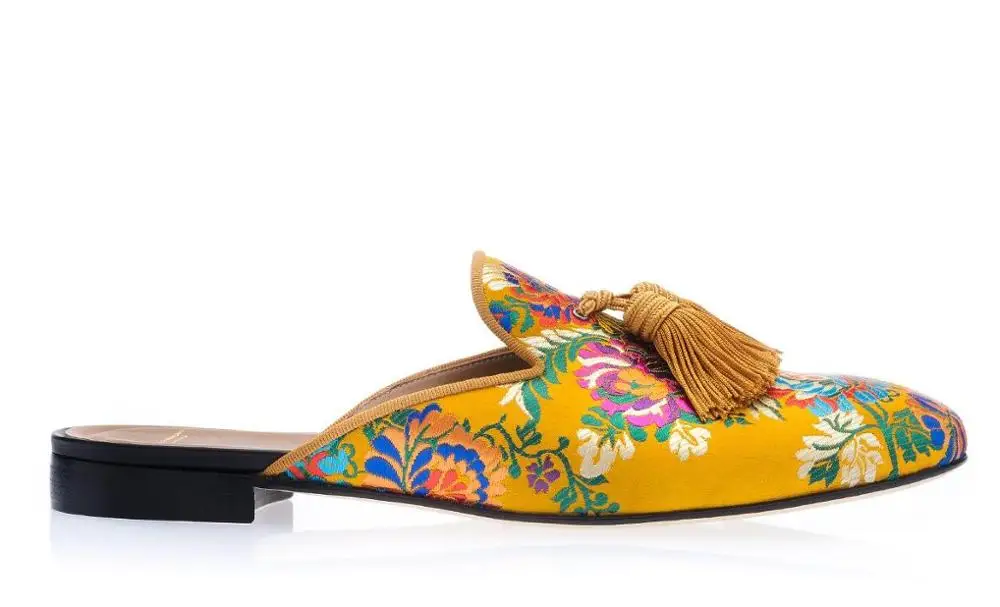 Men Mixed Color Floral Embroidered Fringe Half Slippers Slip on Mules Casual Shoes Flats Smoking | Обувь