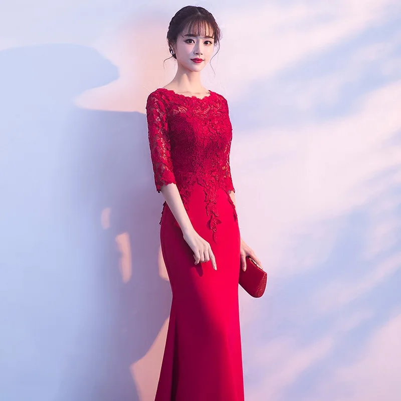 DongCMY Новые Длинные Формальные бордовые кружевные вечерние Платья Vestidos Русалка халат de soiree элегантное платье