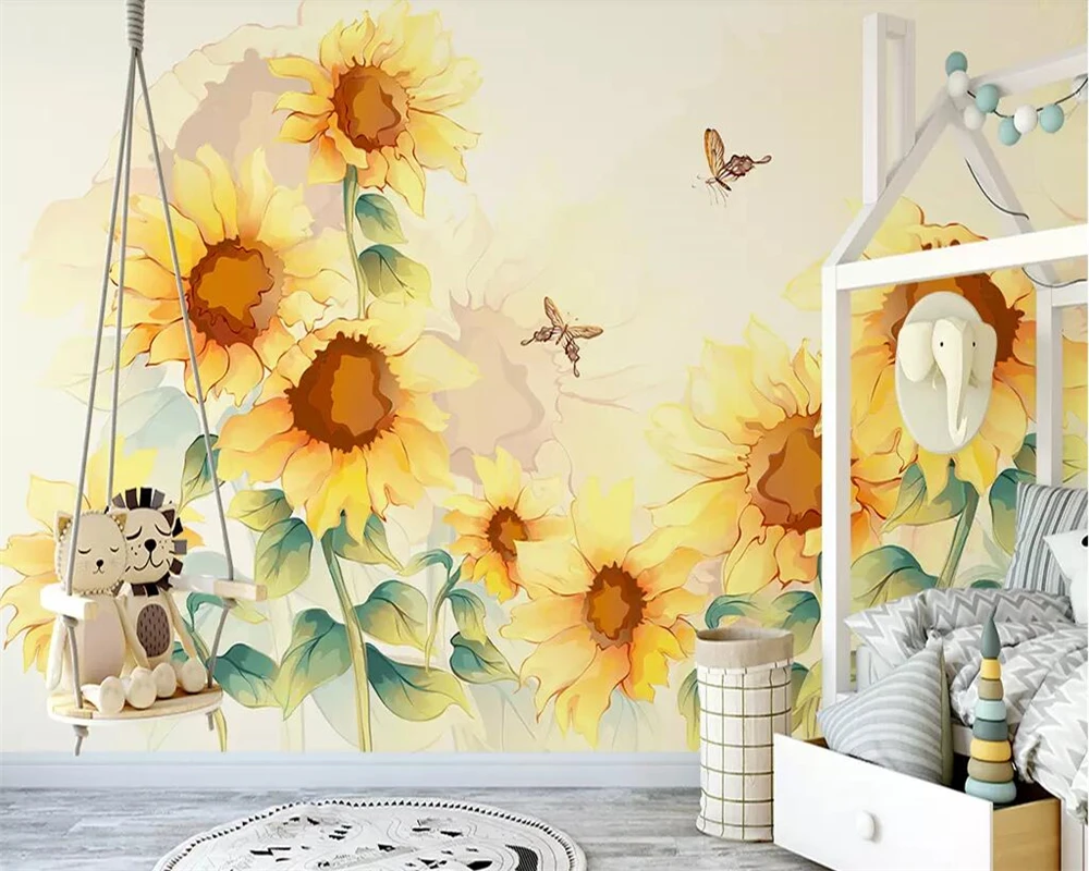 

Custom wallpaper hand-painted sunflower sofa TV background wall living room bedroom background wall mural 3d wallpaper