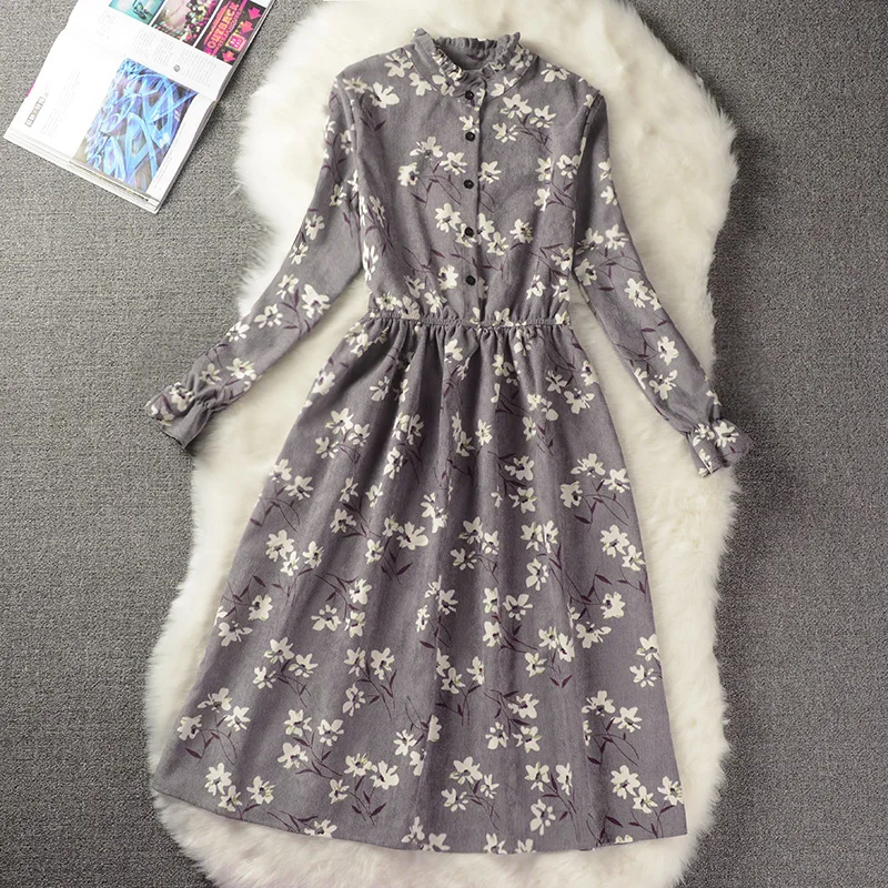 

2019 Hot Autumn Winter New Women Ladies print Long Sleeve A-Line Loose Pocket Swing Vintage Dress Plus Size vestido