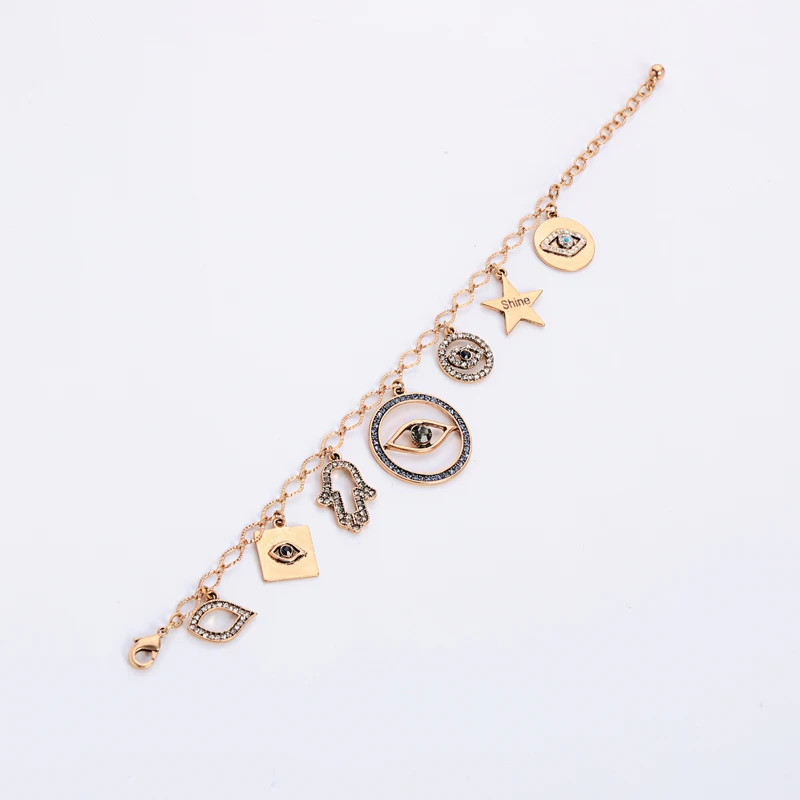 BALANBIU Hyperbole Hiphop Street Style Crystal Evil Eyes Shine Star Charm Bracelet For Women Gift Vintage Gold Color Alloy Chain