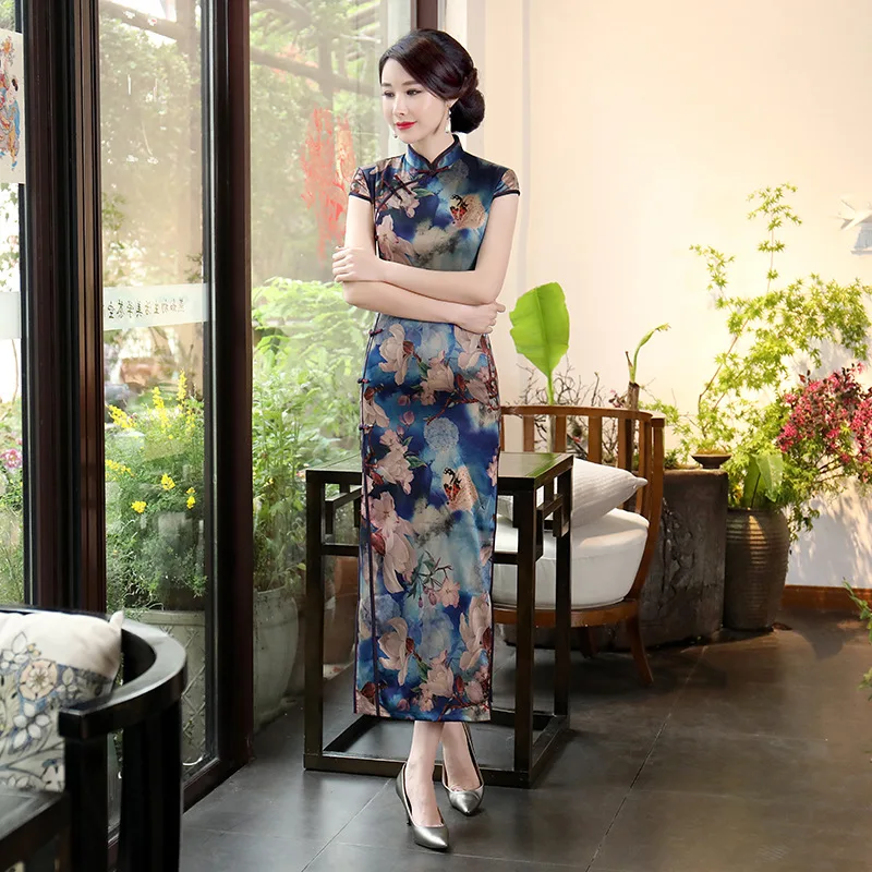 

Chinese Traditional Long Cheongsam Women's Silk Satin Dress Lady Ball Gown