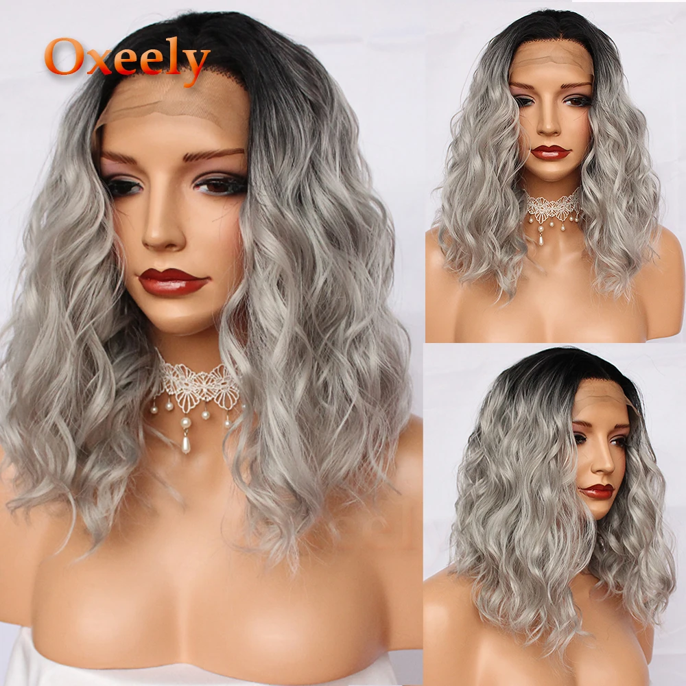 Короткий кудрявый парик Oxeely серого цвета из синтетического кружева фронтальный