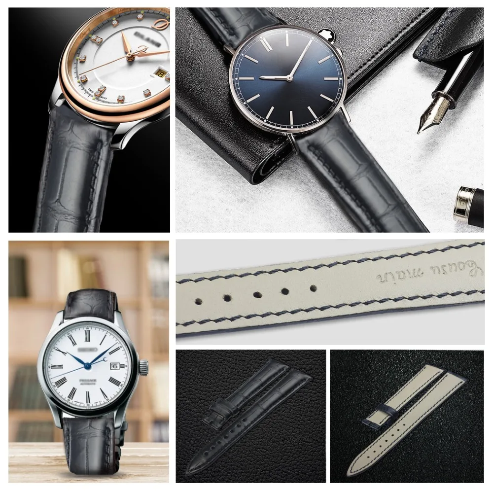 ZLIMSN Black Crocodile Leather Watch Bands 22mm Circle Pattern Luxury Strap for Men and Women 12mm-26mm Can be Customized Size