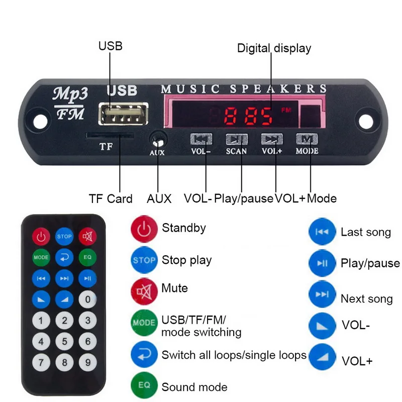 TOSPRA Bluetooth 5 в 12 DC TF FM радио аудио MP3 плееры AUX модуль декодер доска USB питание для автомобиля дистанционного Музыка динамик