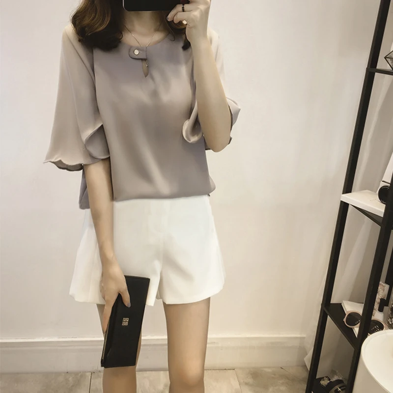 Женские шифоновые топы короткий рукав клеш футболка блузка летняя Однотонная