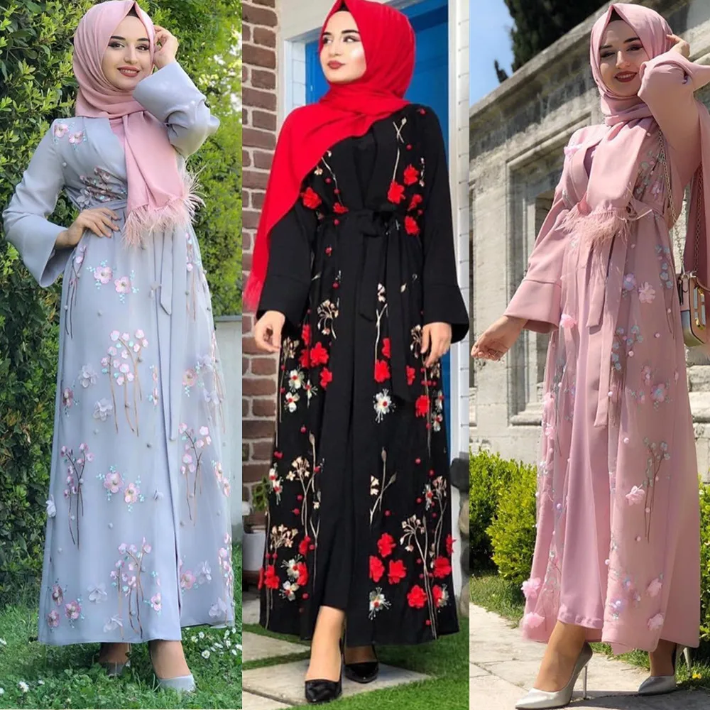 

Elegant Muslim Embroidery Abaya 3D Appliques Beading Full Dress Cardigan Kimono Long Robe Gowns Jubah Eid Ramadan Islamic