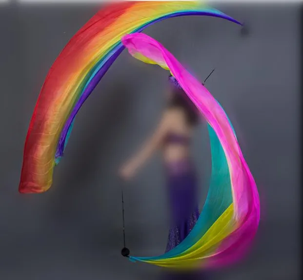 

100% Silk Belly Dance Poi Veil For Adult 2pcs Ball+2pcs Veil Belly Dance Poi Training Props Rainbow Color