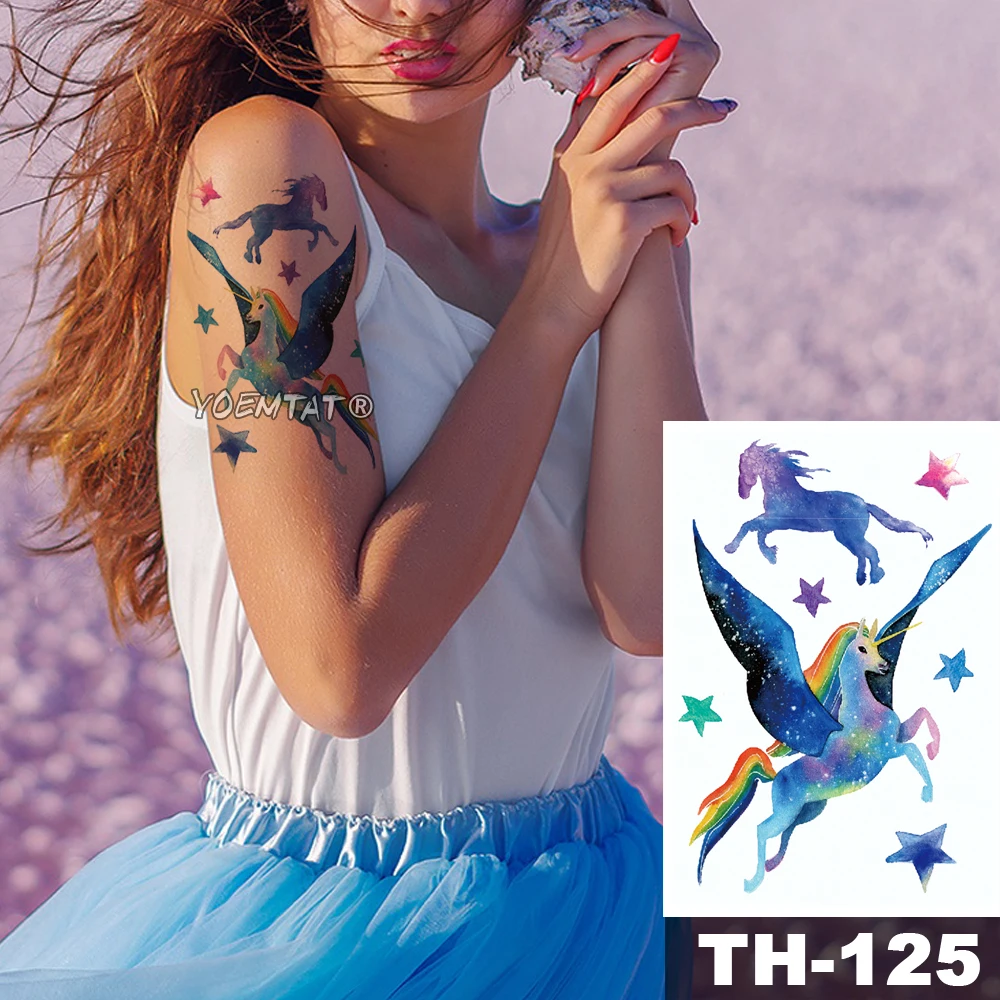 

Waterproof Temporary Tattoo Sticker Star Rainbow Unicorn Pattern Water Transfer Pegasus Body Art Flash Fake Tatoo