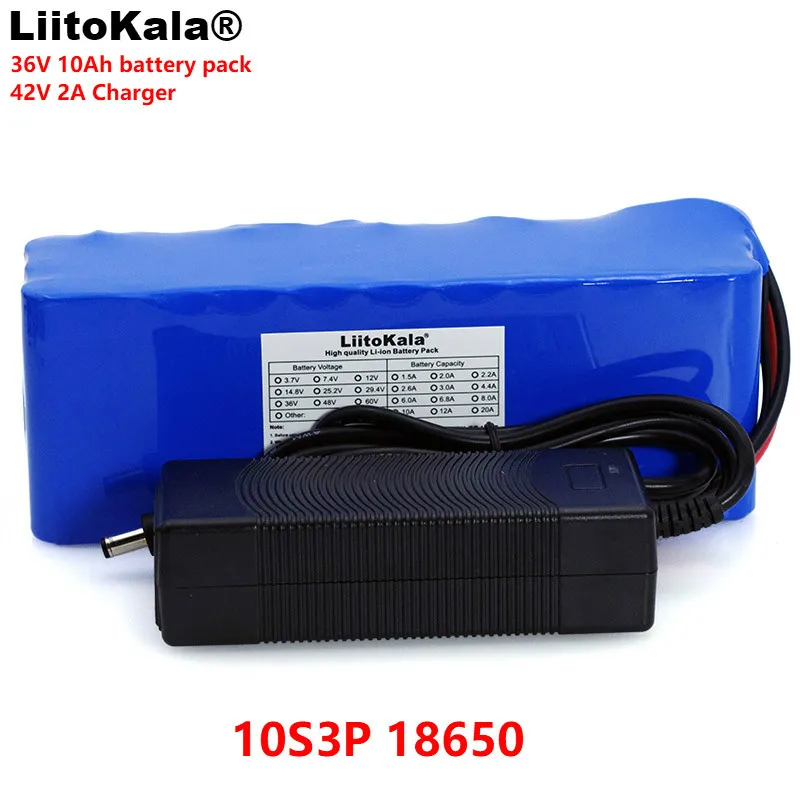 LiitoKala 36V 10000mAh 500W High Power 42V 18650 Lithium Battery Motorcycle Electric Car Bicycle Scooter with BMS + 2A Charger