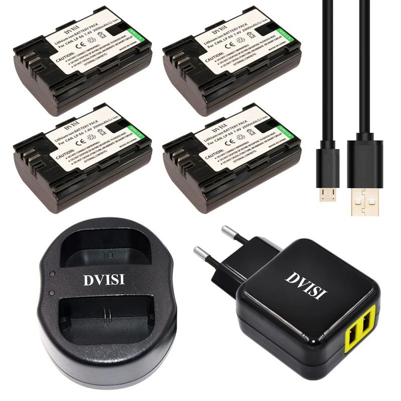 

4pcs LP-E6 LP E6 LPE6 Rechargeable Battery+USB Dual Charger for Canon 70D 5DII 5D2 5D3 7D 6D 60D with EU/US 2 Pin Plug Adapter