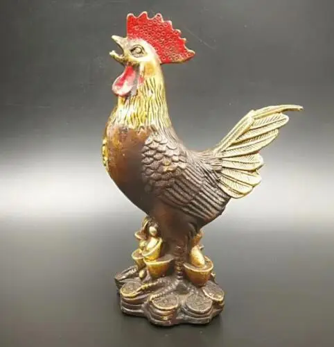 

6.7” Exquisite Chinese Old pure brass twelve zodiac signs chicken Statues