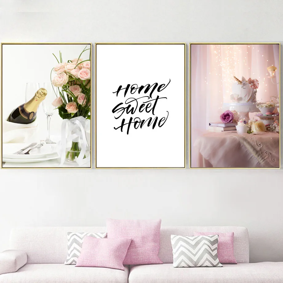 

Unicorn Cake Flower Red Wine Home Quotes Wall Art Canvas Painting Nordic Posters And Prints Wall Pictures For Living Room Decor