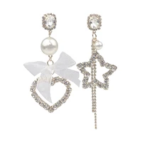 hotsale korean spring new style white lace crystal big heart star asymmetric earrings for women rhinestone long earings