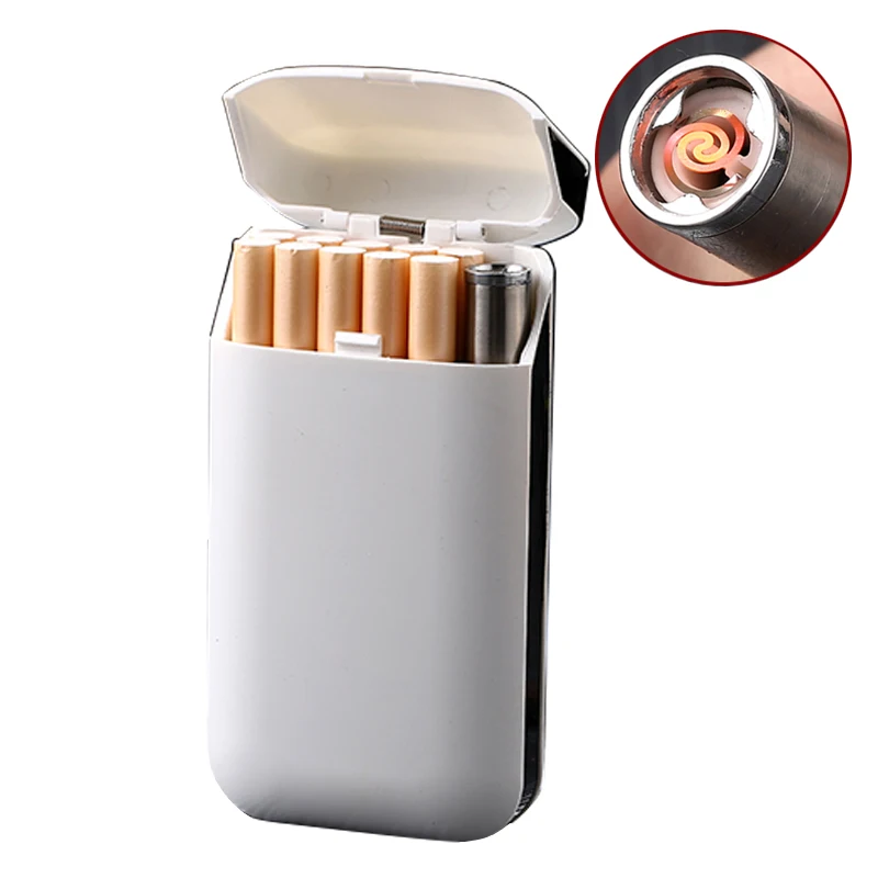 White Металлический чехол для сигарет, электронная USB Зажигалка, 20 шт., водонепроницаемый держатель для хранения сигарет, плазменная дуговая зажигалка, мужские подарки - Цвет: White
