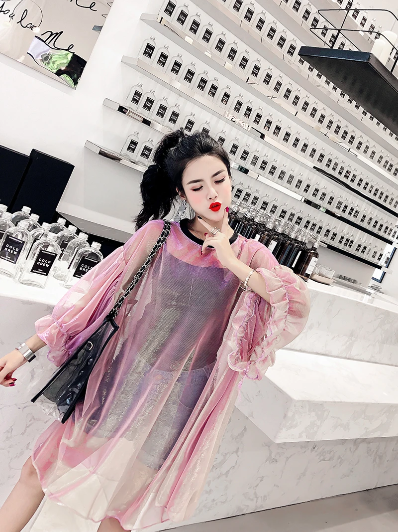 Harajuku сетчатые платья женские с рукавом-бабочкой лазерное розовое/фиолетовое тонкое газовое Платье милое свободное перспективное платье комплекты из 2 предметов