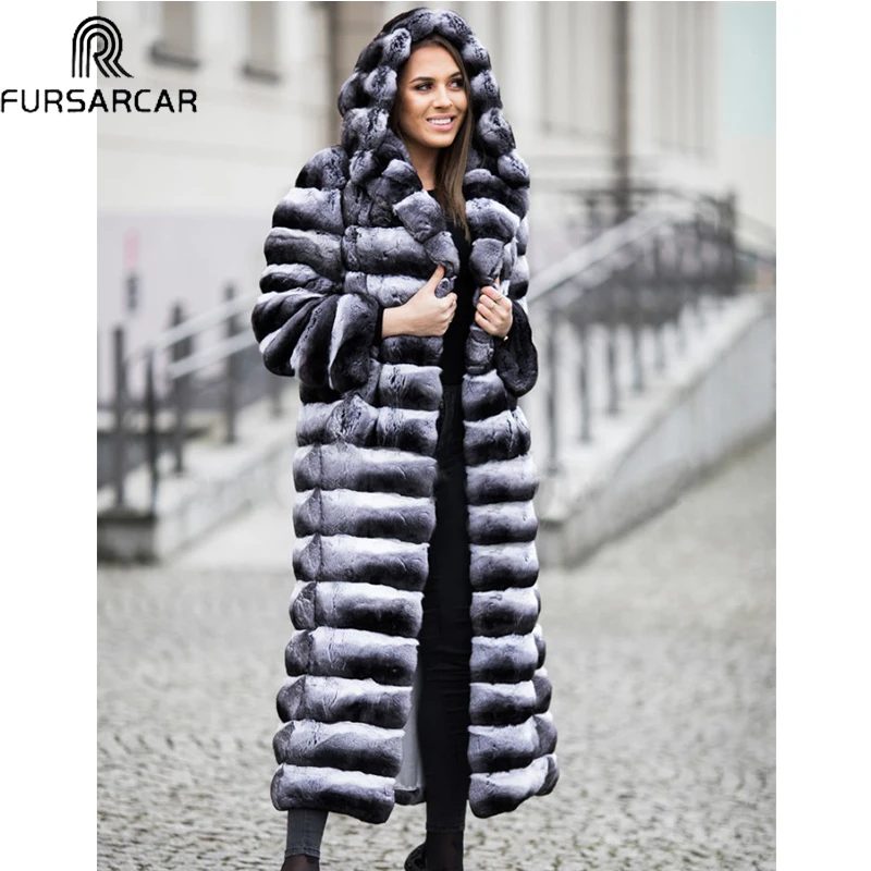 

FURSARCAR Hooded Long Chinchilla Coat Winter New Harajuku Casual Tops Genuine Real Rex Rabbit Fur Jacket Female Outertwear