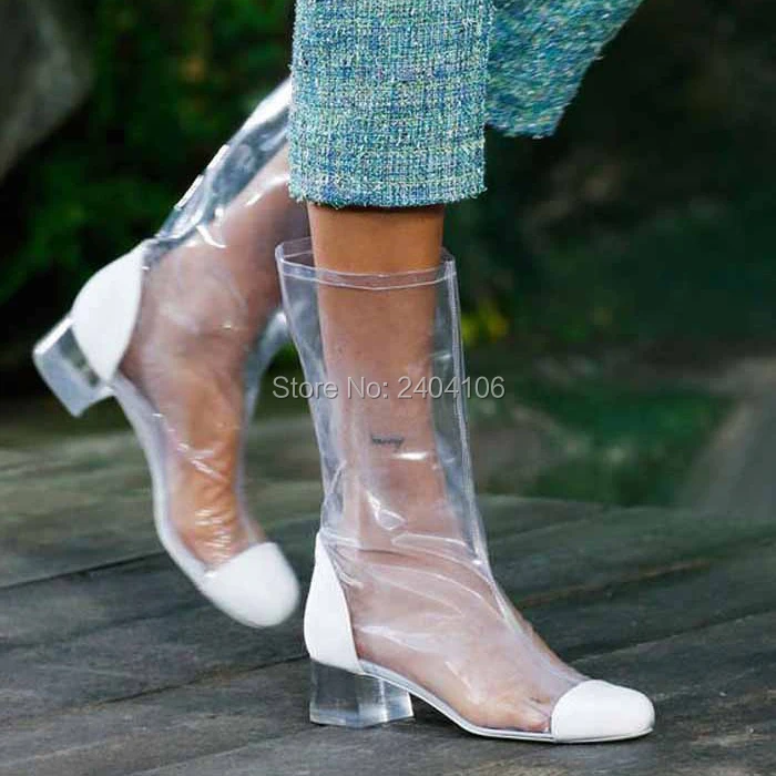 

New Arrivals Ladies Summer Shoes Crystal Block Heels Rain Boot Patchwork Clear PVC Transparent Ankle Boots Women Plus Size 41-44