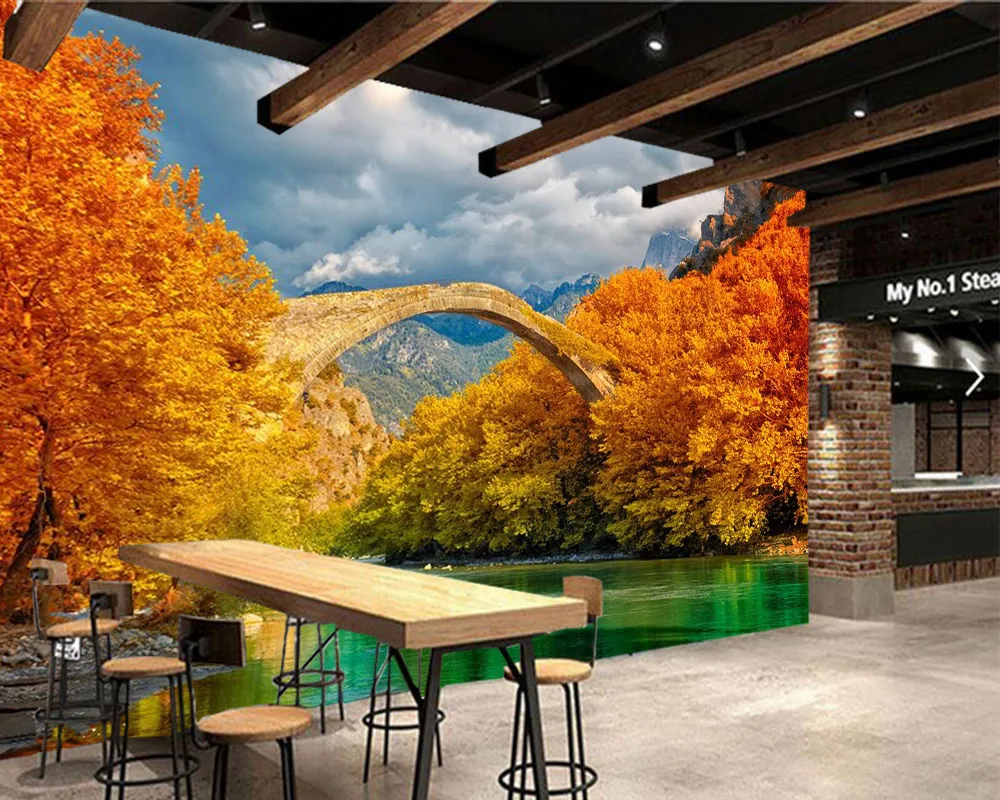 Настенные 3D обои с изображением моста Сан Диего осенних деревьев и реки для