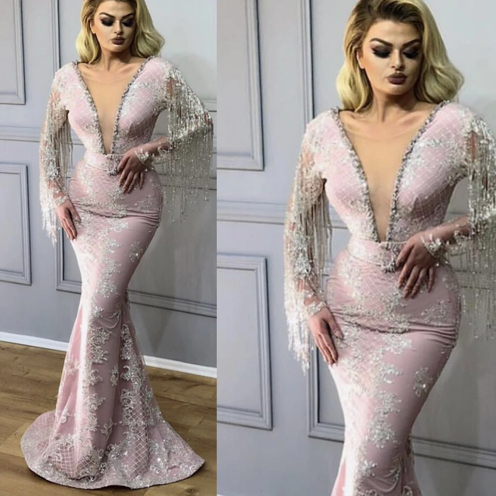 Superkimjo Выпускные платья с длинным рукавом бисером блёстки Русалка Кружева