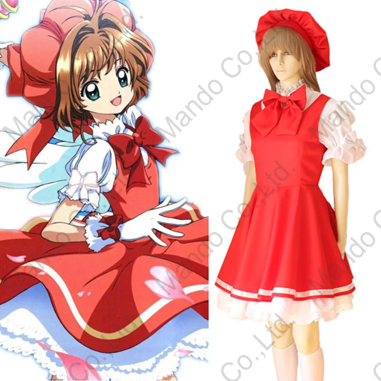 Anime CARDCAPTOR SAKURA KINOMOTO red dress Cosplay Costumes Halloween for women suits + hat bow 4pcs set |