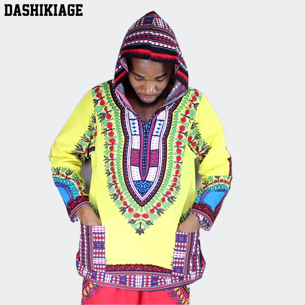 

Dashikiage African Amercian Yellow and Red Long Sleeve 100% Cotton Hoody T-shirt Dashiki with Hood