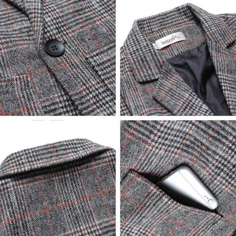 

Oversize XXXL Plaid Office Jacket High Quality Fashion Gray Women Long Blazer Casual Wear Coat Lady Top with Pocket Plus Size