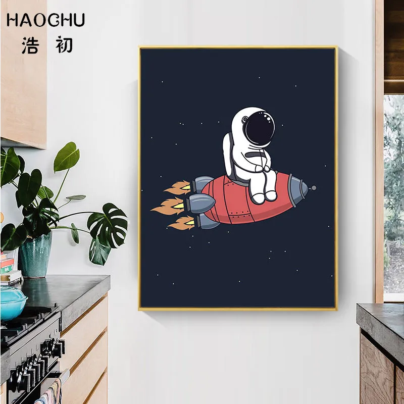 HAOCHU космическая сцена Луна печать рисунка картина на черном холсте для мальчиков