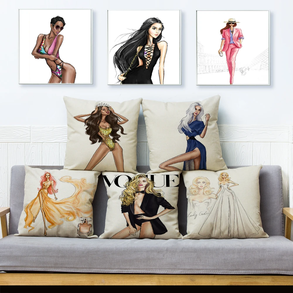 

Vogue Sexy Lady Print Pillow Cover 45*45cm Cushion Cover Beige Linen Throw Pillows Cases Home Decor Cartoon Girl Cushion Covers
