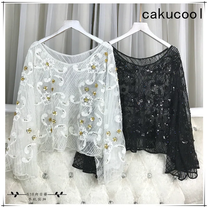 Cakucool женские блузки с бисером, рубашка с длинным Расклешенным рукавом, прозрачные сексуальные блузы, расшитые блестками, летняя Праздничная блуза, рубашки для девушек