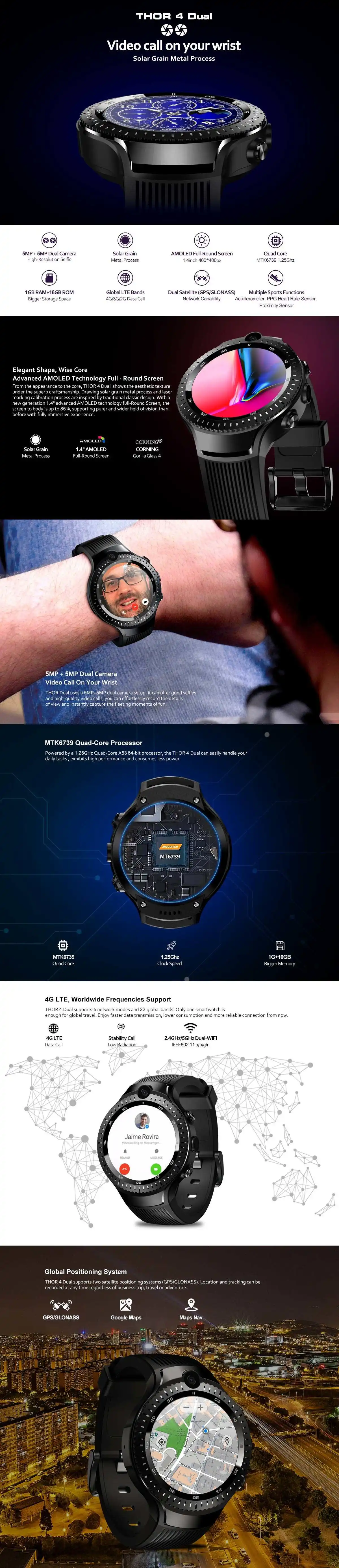 Zeblaze THOR 4 gps Dual Core 4 аппарат не привязан к оператору сотовой связи Видеозвонок 5,0+ 5,0 Мп двойной Камера Smartwatch голосовой поиск Google Play-приложение Смарт-часы-телефон с Для мужчин