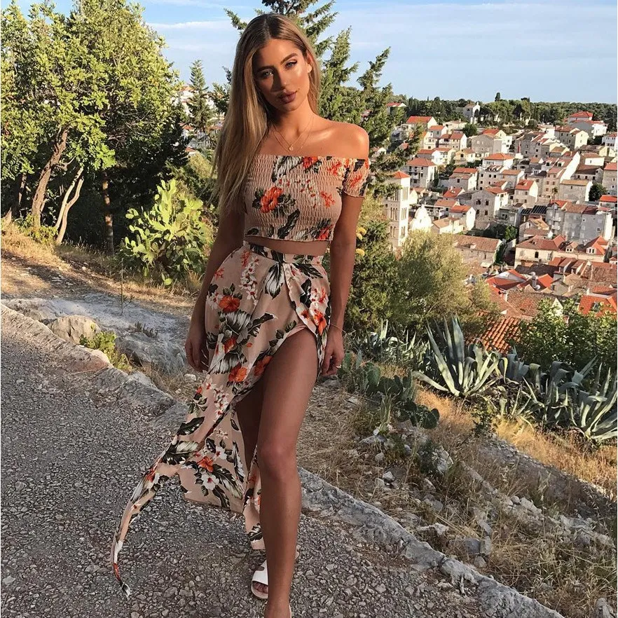 Женский комплект из двух предметов укороченный топ с цветочным принтом и длинная