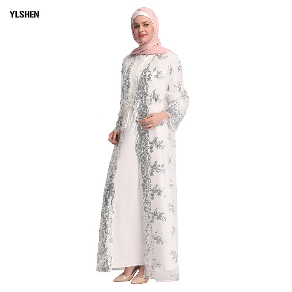 Женское мусульманское платье кардиган Abaya белое кружевное с вышивкой и блестками