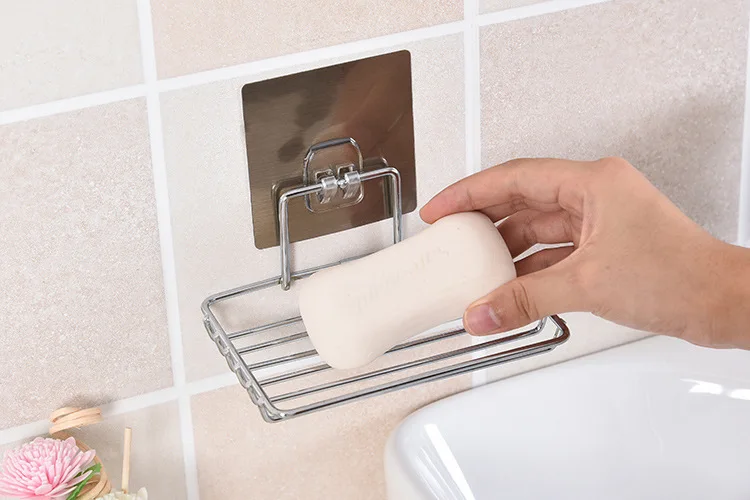 Bathroom stainless steel double soap dish creative free punching no trace rack bathroom soap rack drain soap box WF621928